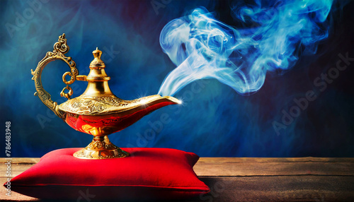 Close-up of a golden magic genie lamp emitting blue smoke standing on a red pillow against a dark background with copy space. Concept of wealth, desires, luck and magic. Generative Ai.