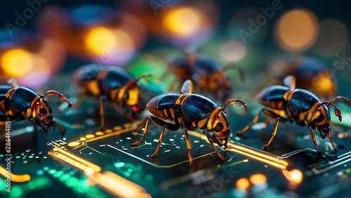 Close-up of a computer circuit board with a red ladybug on a leaf in a garden