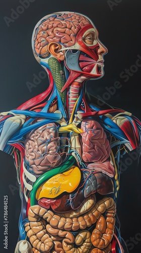 Craft a vivid hyper-realistic oil painting of human body anatomy from the waist up, showcasing intricate detail in vibrant, eye-catching colors that pop