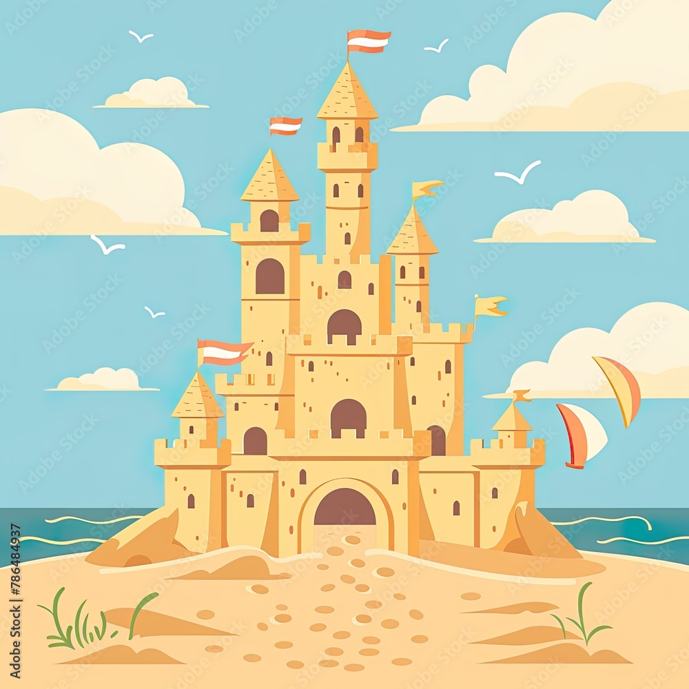 A playful illustration of an elaborate sand castle with flying flags on a sunny beach, complete with seagulls and a tranquil ocean backdrop..