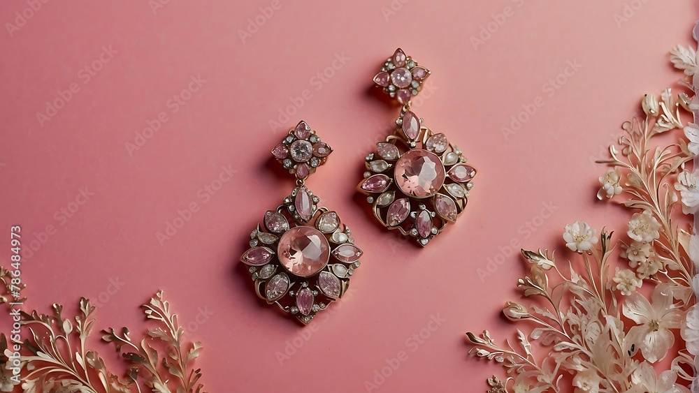 Beautiful earrings made from precious gems. on a pink background Beautiful earrings made from precious gems. on a pink background