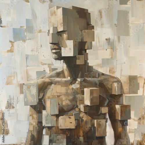 Craft an oil painting of a humanoid figure made up of cubes in various sizes Capture the intricate details of each cube forming the body parts realistically Ensure the cubes are proportionate and visu photo