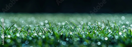 A close up of grass with water droplets.