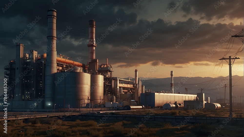 Industrial Plant with Towers Emitting Smoke