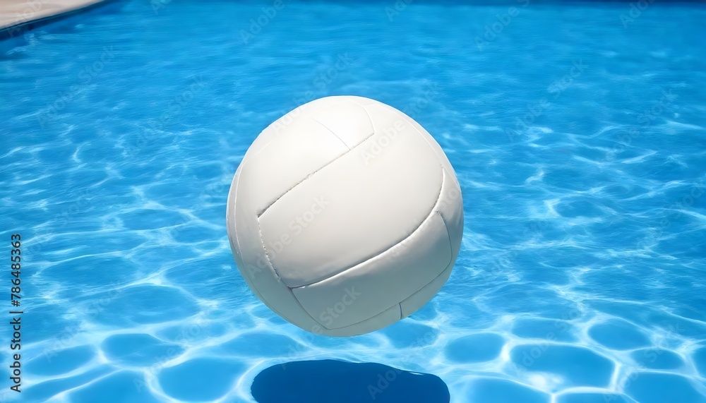 White volleyball floating in a pool with clear blue water