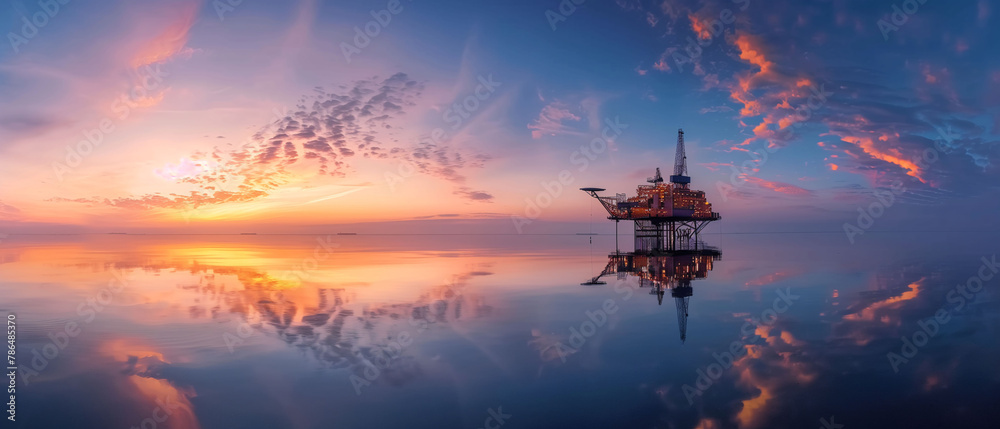 Offshore oil and gas rig platform with dramatic lightning storm at dusk