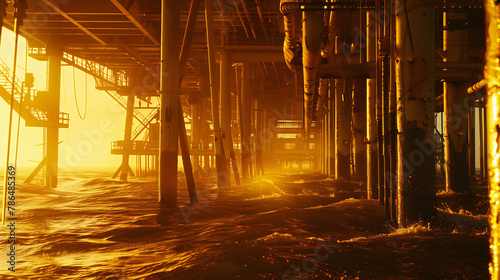 Industrial offshore oil platform during golden hour with sunlight piercing through © VibrantVisionsStudio