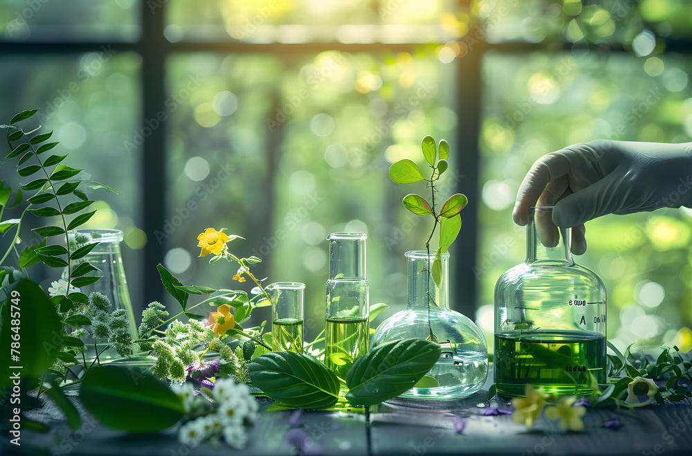 A hand nurturing nature amidst a serene backdrop of botanical experiments A hand nurturing nature amidst a serene backdrop of botanical experiments