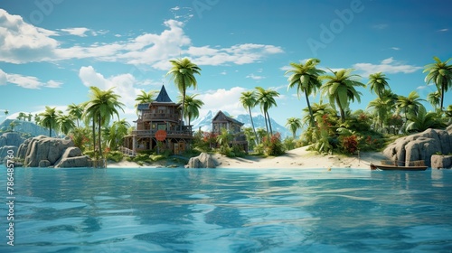small tropical island with palm trees and houses surrounded by blue water of sea