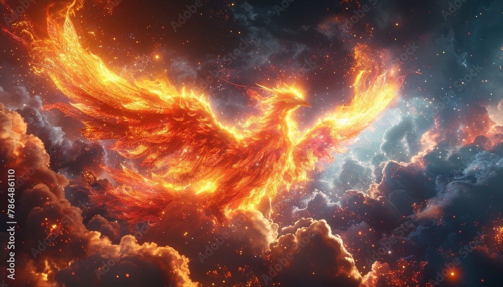 Fototapeta premium A fiery bird is flying through a cloudy sky by AI generated image