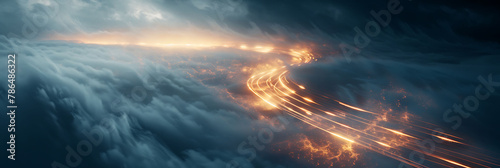 overhead view of Light trails through fog or mist, science and technology in action, realistic photography, copy space