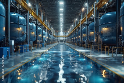 A vast warehouse houses numerous electric blue tanks filled with liquid. The symmetrical arrangement of fixtures showcases the engineering behind this fluid storage building