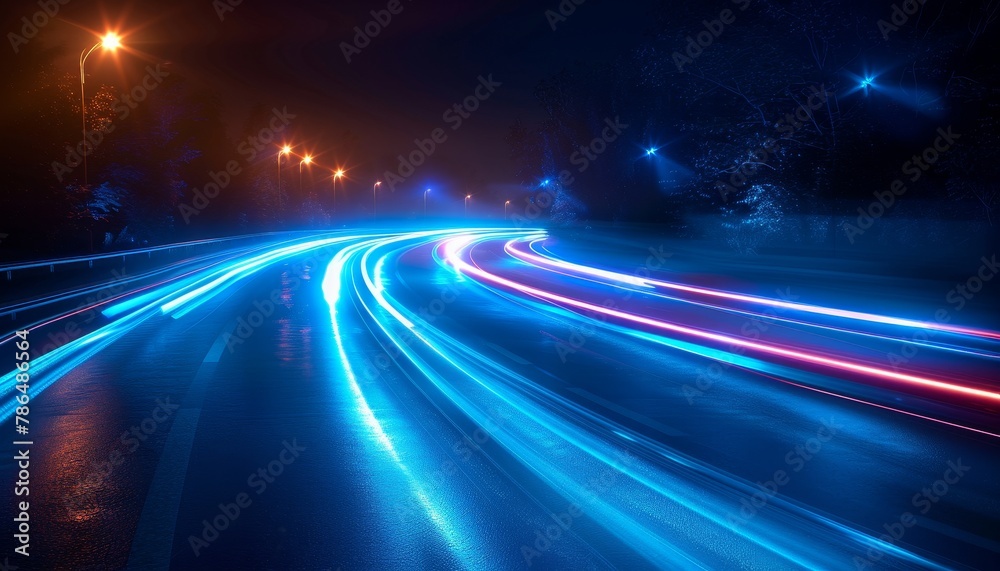 A long, dark road with a bright blue line of light by AI generated image A long, dark road with a bright blue line of light by AI generated image