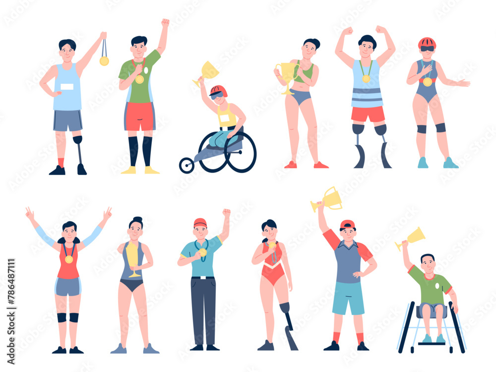 Sport champions. Athletes with gold trophies and medals, olympic and paralympic games winners. Sports championship victory, recent vector set