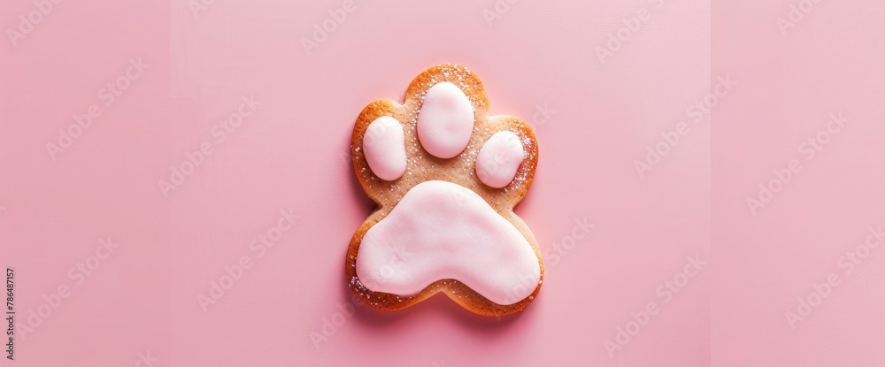 A single dog paw cookie on a solid pink background. The puppy-shaped cookies have pastel-colored icing that forms the shape of cat paws and is dusted with white powder to look like fur - obrazy, fototapety, plakaty 