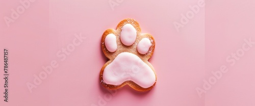 A single dog paw cookie on a solid pink background. The puppy-shaped cookies have pastel-colored icing that forms the shape of cat paws and is dusted with white powder to look like fur