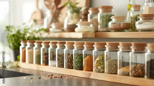 Organized collection of dry spices in glass jars, arranged on a kitchen shelf like a painter's palette