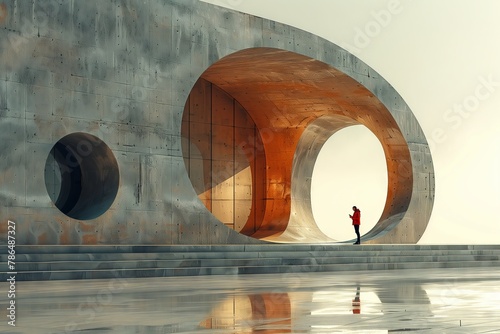 A man in a crimson jacket is standing in front of a building featuring circular designs, combining elements of water, wood, art, rectangles, flooring, circles, roads, arches, metals, and hardwood photo