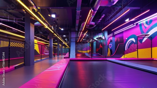 Modern indoor trampoline park  with its sleek design and vibrant color scheme