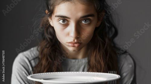 Depressed young woman with eating disorders , worried about her shape and weight ,Nutrition problems ..
