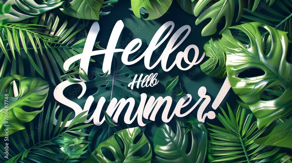 Fototapeta premium Lettering spelling out Hello Summer! with an avant-garde backdrop featuring exotic foliage