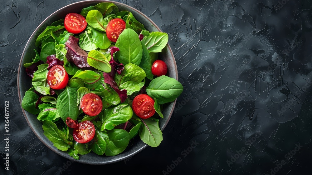 A bowl of salad with lettuce, tomatoes, and red ripe tomato slices on a black tablecloth A bowl of salad with lettuce, tomatoes, and red ripe tomato slices on a black tablecloth