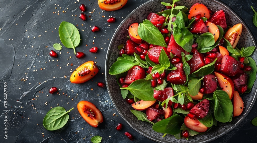 A tight shot of a black surface displaying a bowl brimming with tomatoes and spinach, garnished with pomegranates A tight shot of a black surface displaying a bowl brimming with tomatoes and spinach, garnished with pomegranates