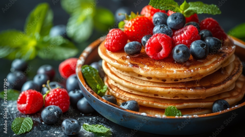 A tight shot of a plate stacked with pancakes, topped with red berries and blueberries Nearby, mint leaves decorate the table A tight shot of a plate stacked with pancakes, topped with red berries and blueberries Nearby, mint leaves decorate the table