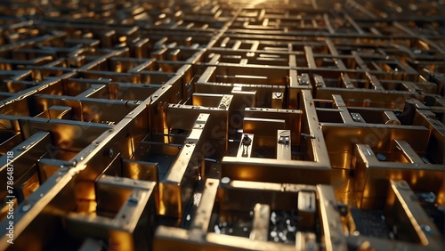 Complex Maze Solution: A 3D illustration depicting a labyrinth within a maze, symbolizing the challenge of finding success in a business strategy, gold maze 