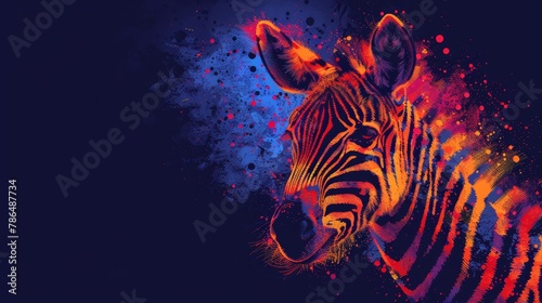   A near view of a zebra s face against a black backdrop  adorned with vibrant paint splatters on its body