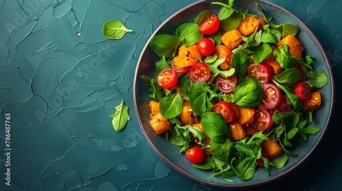   A bowl filled with tomatoes and spinach on a blue surface, topped with a green leafy sprig