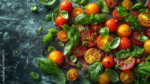  Various tomato types and basil on a gray surface, adorned with green leaves and peppered with sprinkles