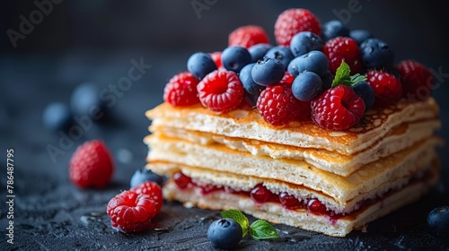  A stack of pancakes with raspberries and blueberries on top, arranged in alternating layers, atop a black surface Berries decorate each pancake tier