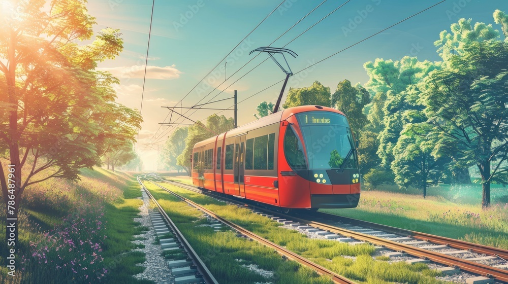 Naklejka premium Train Travel with beautiful nature. train on the railway station. Traveling by train in the city. Eco-Friendly Public Transit