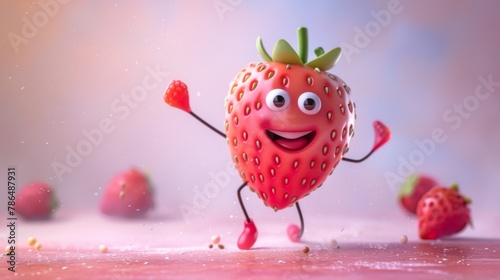 Strawberry cartoon character joyfully dancing against a soft pink backdrop photo