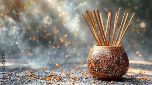   A tight shot of a vase atop a table, adorned with numerous sticks emerging from its opening photo