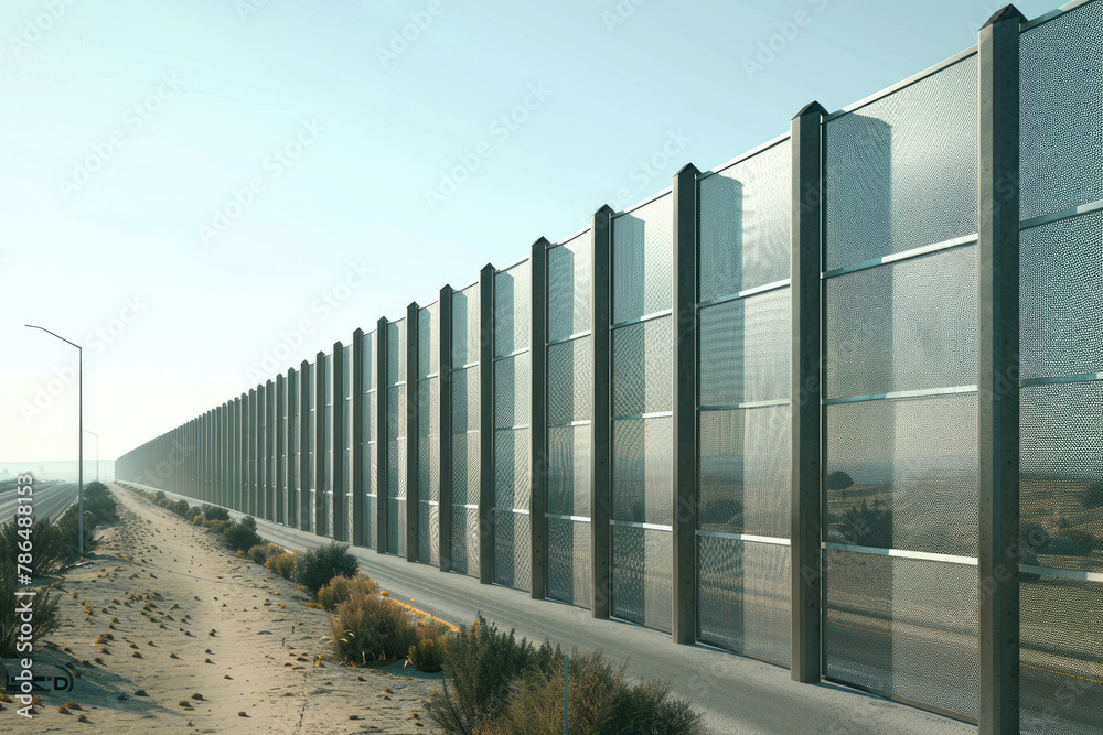 Wall of Strength A modern steel border wall stretches towards the horizon, showcasing physical defense capabilities