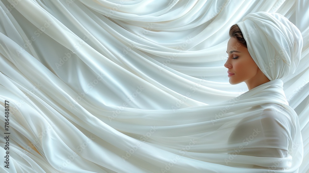   A woman in a turban stands before white drapery - obrazy, fototapety, plakaty 