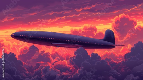   An airplane painted against a sunset backdrop  with clouds inhabiting the foreground