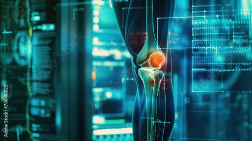 An illustration of a knee joint with a glowing red spot.