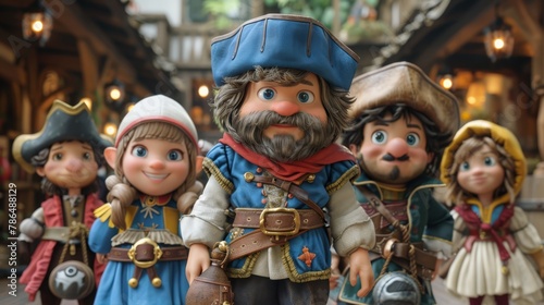  A collection of pirate-dressed figurines, including people and hats, poses before a building