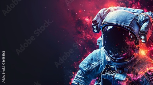  A man in a space suit stands before a vibrant red-blue explosion of smoke and gas against a jet-black backdrop