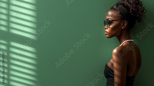  A woman in black dress and glasses stands before a green wall, casting a shadow