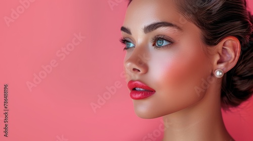  A women's face, closely framed Blue eyes pierce the scene Her hair is twisted into a neat bun Pink backdrop adds vibrancy