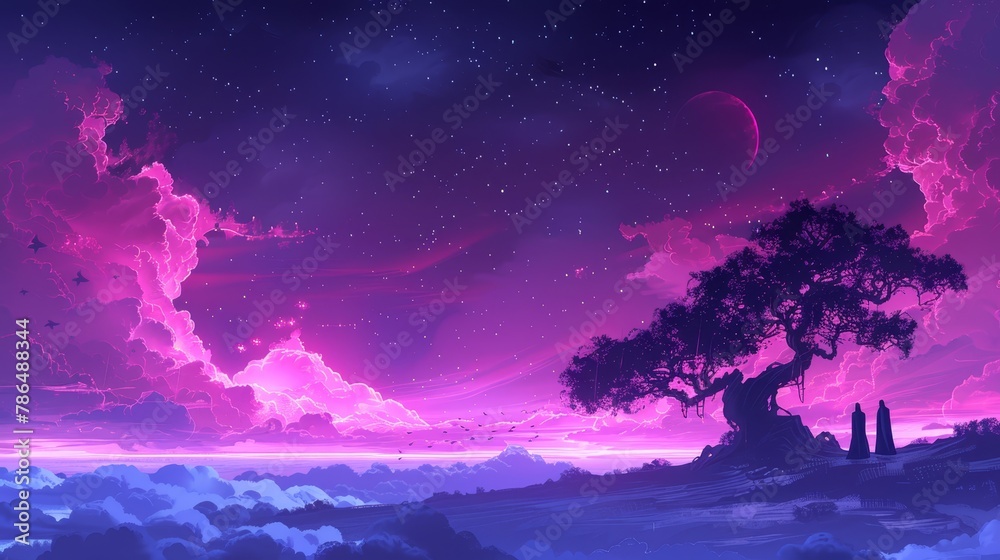  Tree in foreground under purple sky; Stars in background amidstpurple night sky