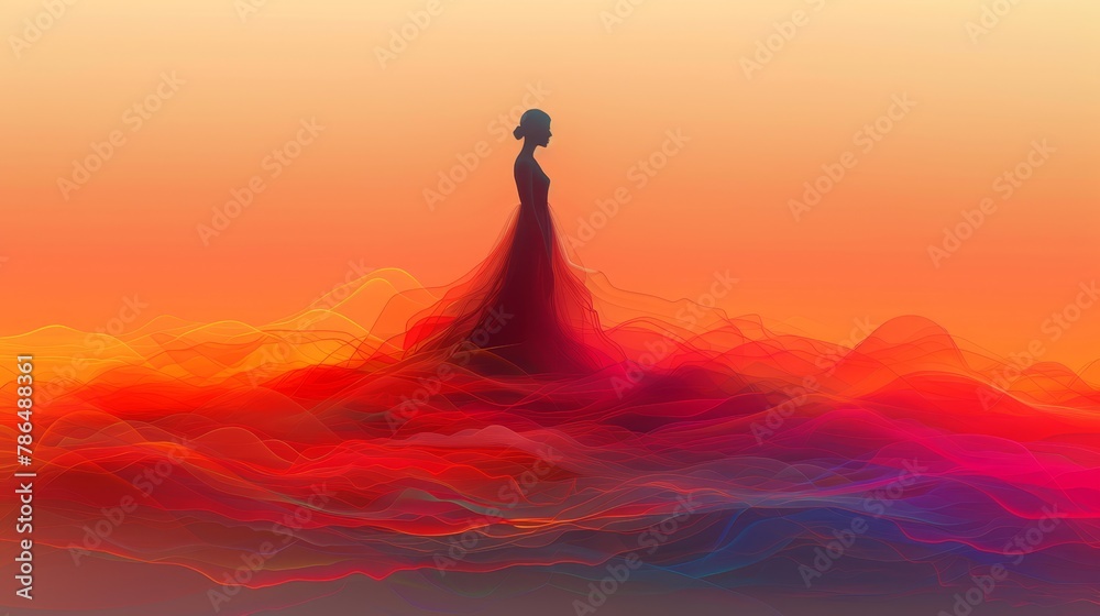  Woman in long dress atop mountain Sunset backdrop