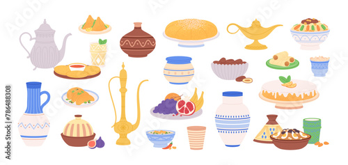 Moroccan food. Arabic pottery objects, traditional arabian meals and pastry. Decorative bowls and plates, jugs and vases. Racy vector east clipart
