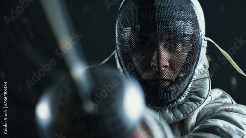 Male fencer, captured in a moment of readiness, wearing his protective mask and suit photo