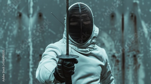 Male fencer, captured in a moment of readiness, wearing his protective mask and suit