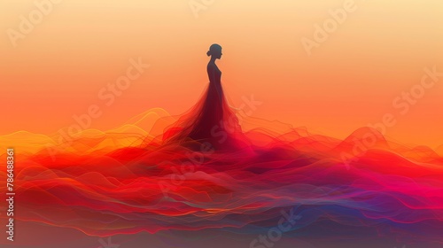  Woman in long dress atop mountain Sunset backdrop